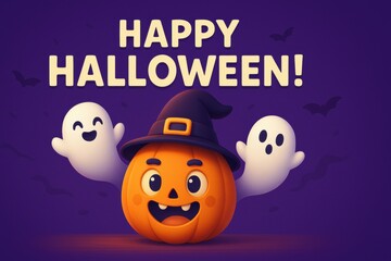 Halloween ecommerce sale. Happy Halloween greeting with a cheerful pumpkin and playful ghosts on a purple background.