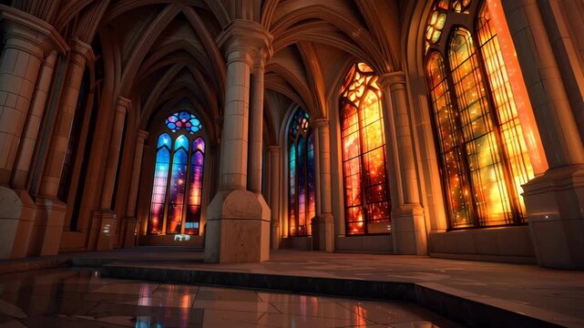 Colorful stained glass windows in a cathedral.