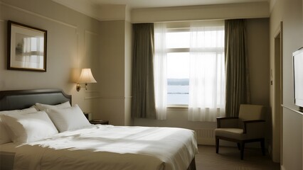 Elegant Hotel Room with Large Window and Seaside View