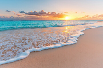 Sunset glow over tropical beach with golden sand and gentle waves creating peaceful and warm atmosphere