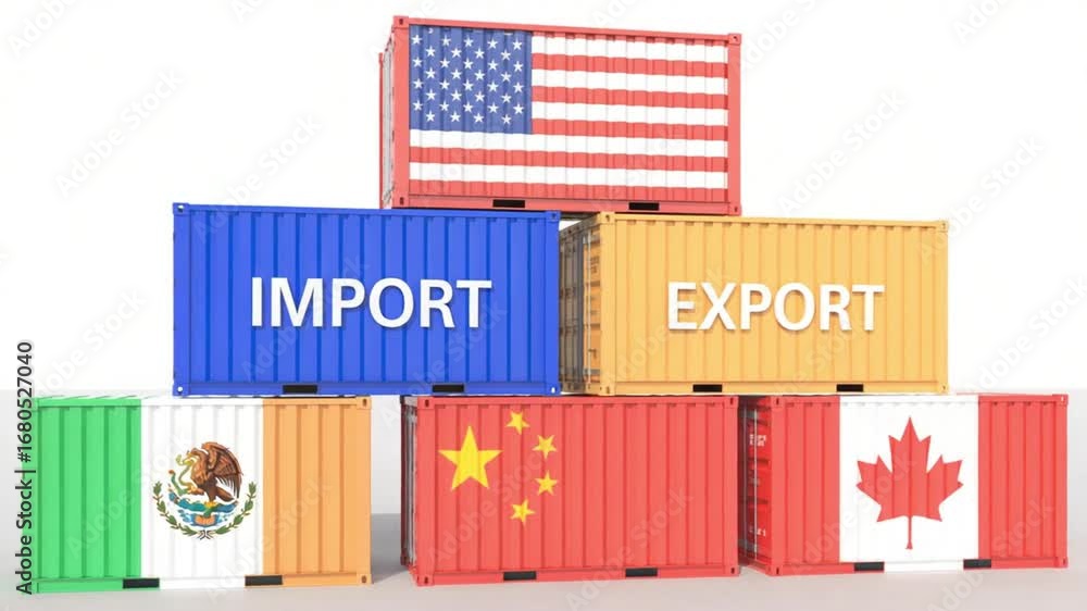 Poster stacked shipping containers with flags of different countries and import export labels on white back