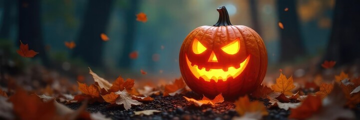 A glowing, carved pumpkin levitates mysteriously amidst swirling autumn leaves, emanating an eerie, otherworldly light Perfect for Halloween, fantasy, or occult themes , night, magic