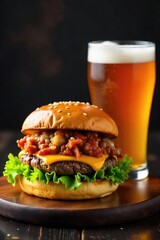 A juicy burger overflowing with toppings sits beside a frosty glass of amber beer, ready to be enjoyed Perfect for a casual meal or a relaxed evening , chips, lunch, tasty