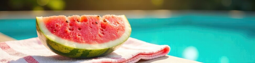 A juicy watermelon slice rests on a towel by a pool, sun shining, conveying ultimate summer relaxation  Perfect for summer vibes, vacation, and healthy living themes ,  slice,  bright,  cool