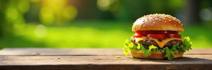 A juicy cheeseburger sits on a rustic wooden picnic table outdoors, bathed in warm sunlight Fresh green grass and a blurred background suggest a relaxing summer day , day, table, outdoor