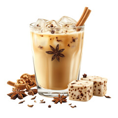 Refreshing iced chai latte with cinnamon sticks and star anise served with white chocolate fudge for a cozy autumn treat on transparent background