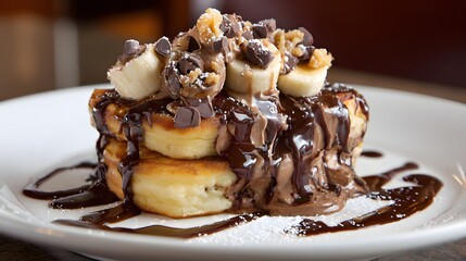 A stack of fluffy pancakes, generously topped with sliced bananas, chocolate chips, and a delicious chocolate sauce, sits on a white plate, glistening with sweet indulgence.