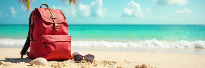 Naklejka premium A lone backpack sits on a sun-drenched beach, beside seashells and sunglasses, hinting at a relaxing and adventurous vacation , tropical, journey, sand