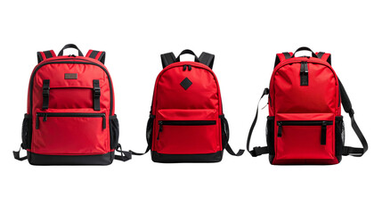 Fototapeta premium A bright red travel backpack with a handle and zipper is isolated on a white background