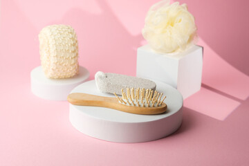 Set of natural bath accessories including brush sponge and pumice stone