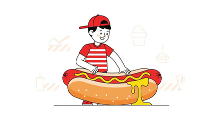 Cheerful Youngster Preparing a Giant Hot Dog with Mustard for a Delicious Snack