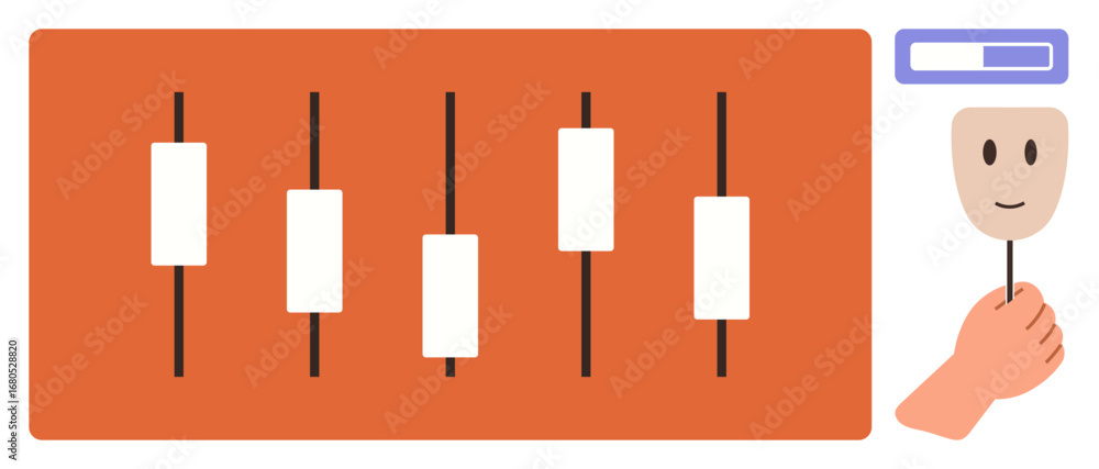 Poster candlestick chart in orange frame, smiling face mask held by a hand and a loading bar. ideal for dat