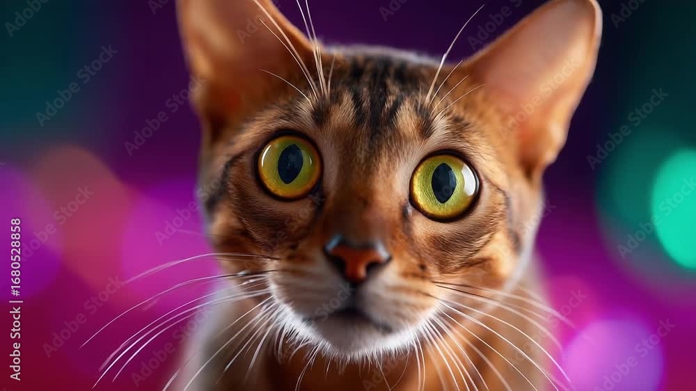 Poster close-up of a curious cat with large green eyes against a colorful bokeh background.