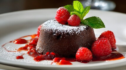 Chocolate lava cake with raspberries and powdered sugar.