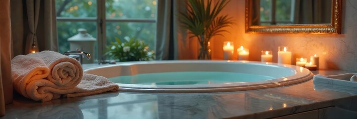 Fototapeta premium A luxurious bathroom scene, featuring soft lighting, a deep soaking tub, plush towels, and aromatic candles, creating an atmosphere of tranquility and self-care , bathroom design, bath products