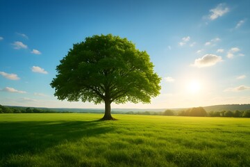 Fototapeta premium Lone Tree in Green Meadow at Sunset with Blue Sky and Warm Sunlight – Peaceful Nature Landscape
