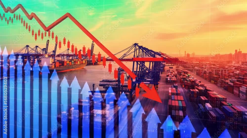 Aufkleber a red arrow graph overlaying a port with shipping containers and cranes showing economic trends down