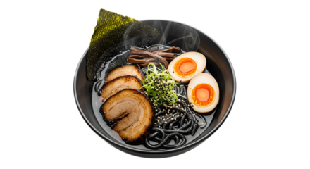 Black Garlic Ramen Isolated on Transparent Background. Japanese food