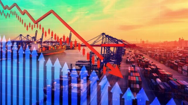 A red arrow graph overlaying a port with shipping containers and cranes showing economic trends down