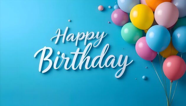 Happy birthday greeting with colorful balloons and elegant white cursive text on light blue background