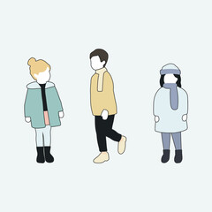 flat minimal people male and female vector illustration in winter clothing with outline concept isolated set collection. For architecture rendering, graphic design, info graphic, media