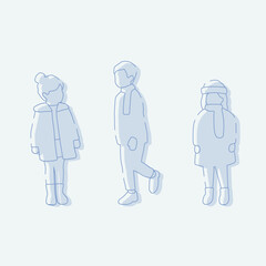 flat minimal children male and female vector illustration in winter clothing concept isolated set collection. Outline with silhouette shadow. For architecture rendering, design, info graphic, media
