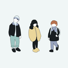 flat minimal people male and female vector illustration in winter clothing with outline concept isolated set collection. For architecture rendering, graphic design, info graphic, media