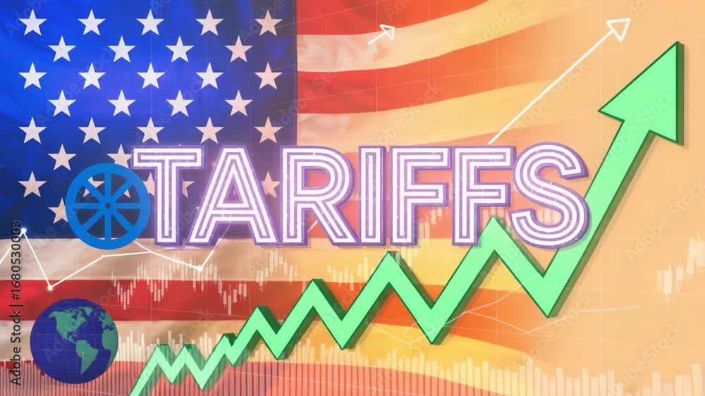 Poster tariffs text with american flag background and green arrow pointing upwards in a graphic design