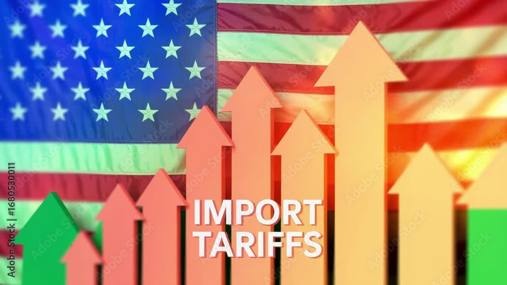 Poster import tariffs text with upward arrows in front of the american flag in a blurred background