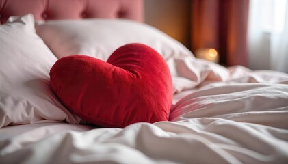 A plush heart-shaped pillow rests on a bed of soft, luxurious bedding, creating a romantic and cozy scene Perfect for Valentine's Day or a romantic getaway , heart-shaped pillow, interior design