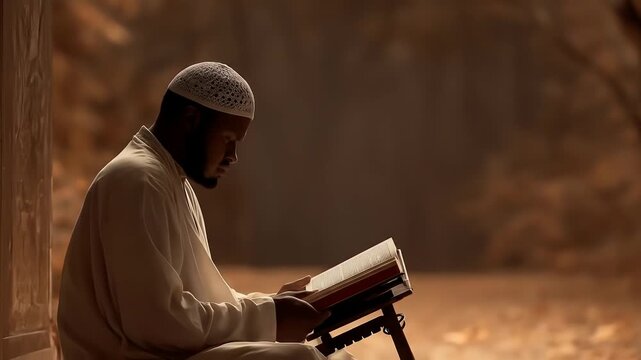 Man Reading Book Sitting on Carpet Near Doorway to Forest