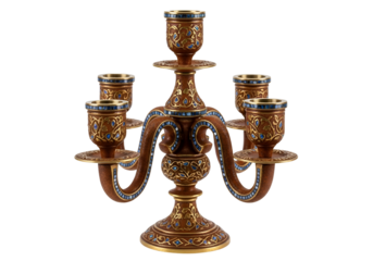A decorative, ornate five-branch candle holder, featuring intricate gold-toned detailing and accents of blue gemstones, showcasing a rich and elegant design.