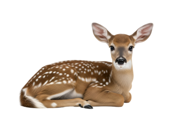 A fawn, lying on a black backdrop, gazes directly at the viewer with an expression of innocent curiosity.