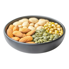 Bowl of assorted raw nuts and seeds including almonds, pumpkin seeds, macadamia nuts, and mung beans, arranged in rustic style, healthy and natural snack option