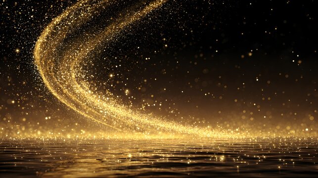 A mesmerizing display of swirling, golden glitter particles, gracefully cascading across a dark, reflective surface, creating a captivating and elegant visual effect. - Powered by Adobe