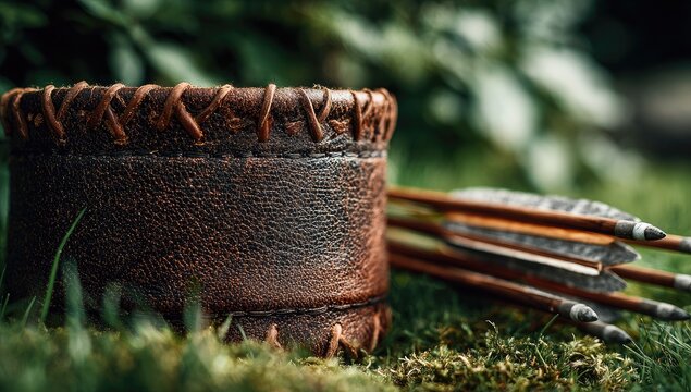 Rustic leather quiver resting on moss-covered ground, with arrows
