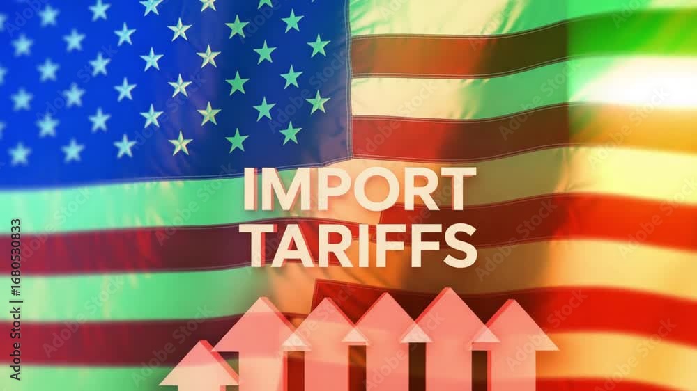 Poster import tariffs text over blurred american flag with upward pointing arrow graphs overlaying image