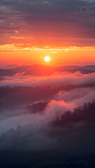 Golden sunrise over misty mountain valley with dramatic sky sunset dawn