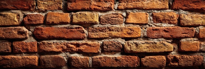 Obraz premium Close-up view of an aged brick wall, various shades of reddish-brown bricks, mortar lines visible