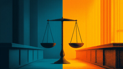 Panoramic Courtroom Split Vertically: Left Depicting Unfair Trial with Corruption and Bribery, Right Showing Fair Trial with Equal Representation, Justice Scales, and Transparency – SDG Justice Theme