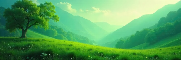 Fototapeta premium A serene landscape bathed in the calming hue of green, perfect for evoking feelings of peace and tranquility Ideal for meditation, mindfulness, and nature-themed projects , peaceful, forest