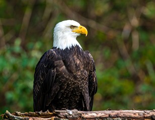 Obraz premium Majestic bald eagle perched on a log, head turned, in a natural woodland setting