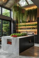 The modern kitchen features a white marble island with a built-in herb garden, planters, and vertical garden walls. Sleek black cabinets contrast with warm wooden shelving, and a cozy ambiance with LE
