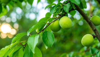 Green fruit hangs on a branch amongst vibrant green leaves, sunlit bokeh in background