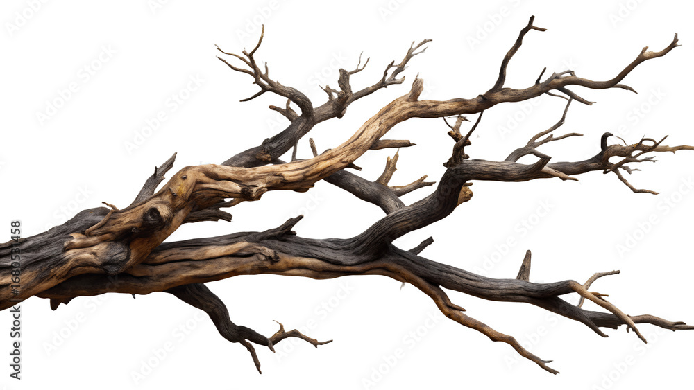 Wall mural dry and bare tree branch isolated on transparent background in a studio shot
