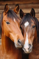 Two brown horses nuzzling showing affection in a stable