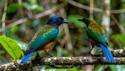 Obraz premium Two colorful birds on a branch