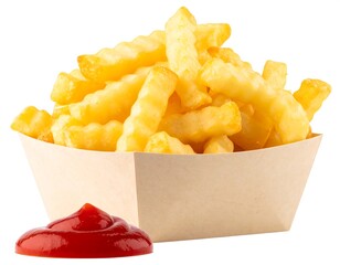 Crispy French Fries in a paper container with ketchup
