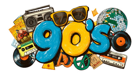 Colorful 90s Retro Design with Music Elements and Vintage Items on Background