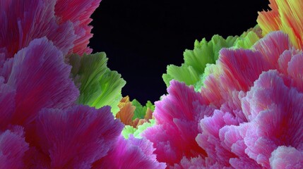 Obraz premium Abstract digital art piece that appears to be made up of multiple layers of different colors and shapes. the colors are predominantly pink, red, green, and yellow, with some hints of blue and purple.